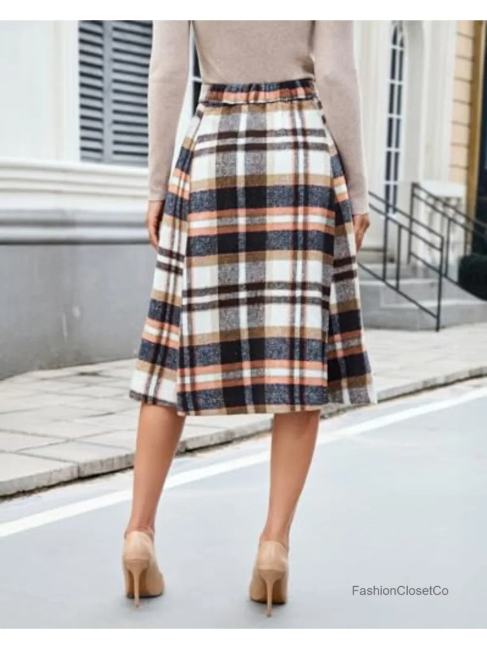 Women's High Waisted A-Line Plaid Midi Skirt with Pockets Fall Winter